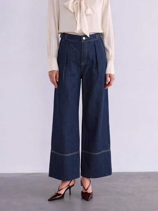 Pleated Cuffed High-waisted Wide-leg Cotton Jeans