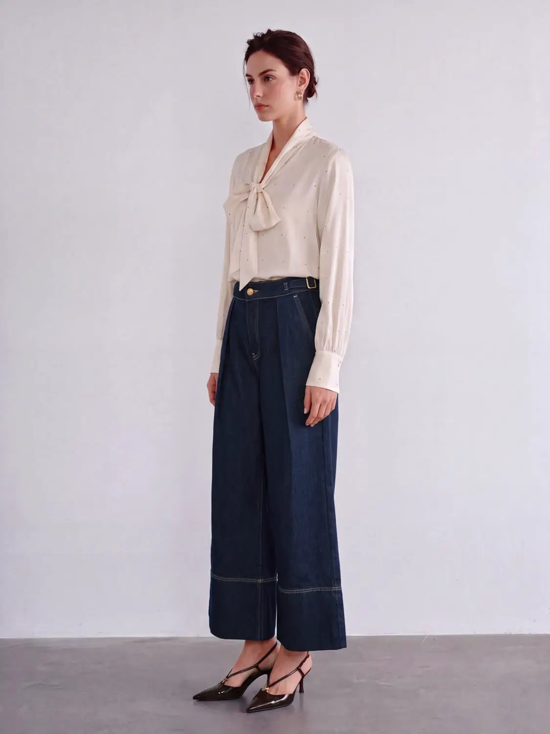 Pleated Cuffed High-waisted Wide-leg Cotton Jeans