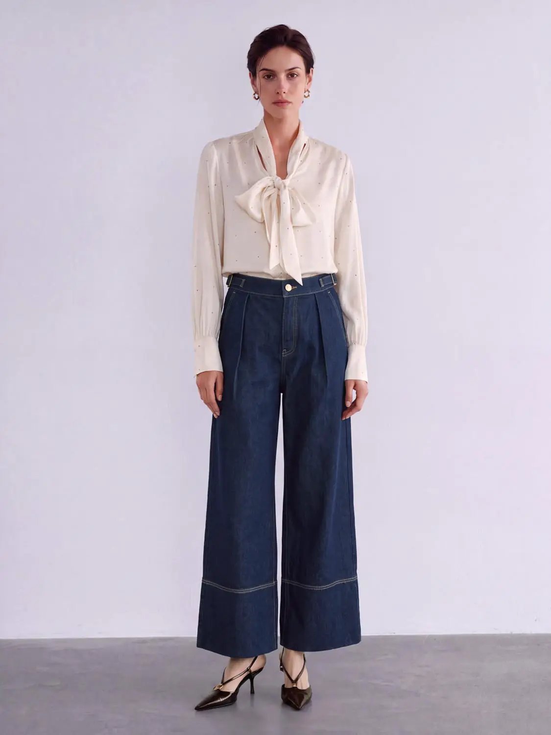 Pleated Cuffed High-waisted Wide-leg Cotton Jeans