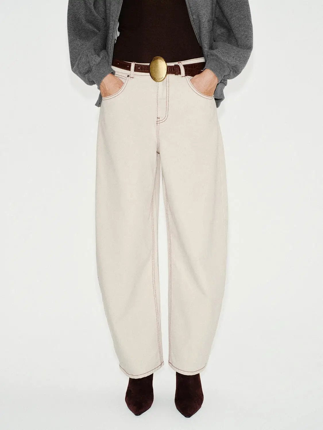 Belted Contrast Stitching Cotton Wide-leg Pants