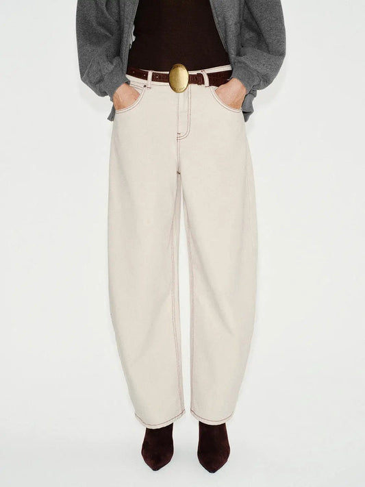 Belted Contrast Stitching Cotton Wide-leg Pants