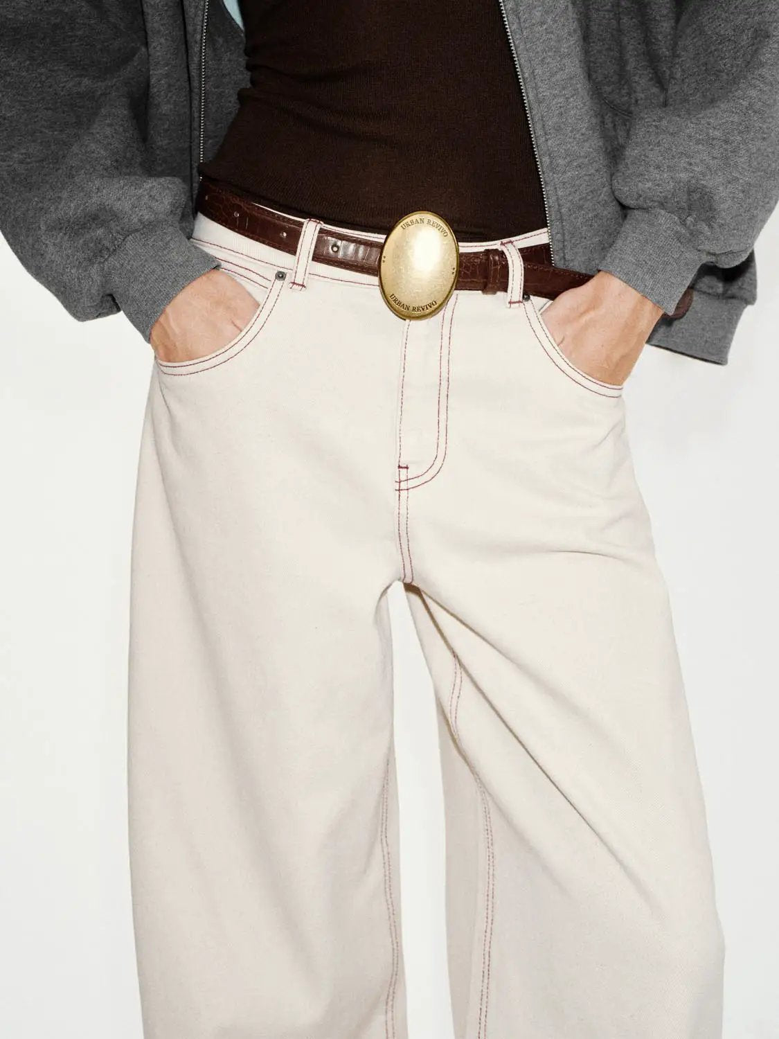 Belted Contrast Stitching Cotton Wide-leg Pants