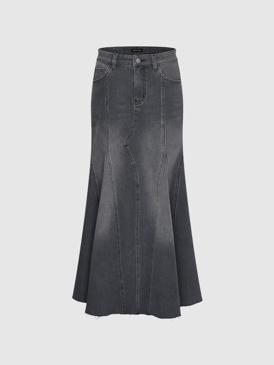 Panelled Raw Hem High-waisted Cotton Blend Denim Midi Skirt