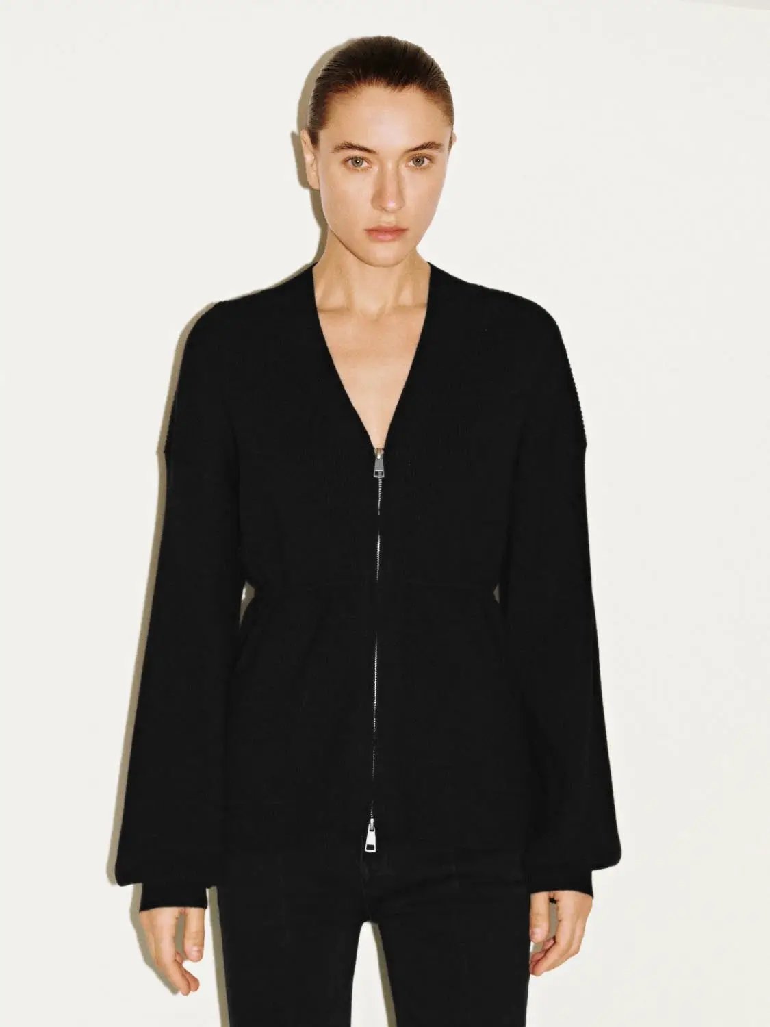Zip Up Balloon Sleeve Knitted Cardigans