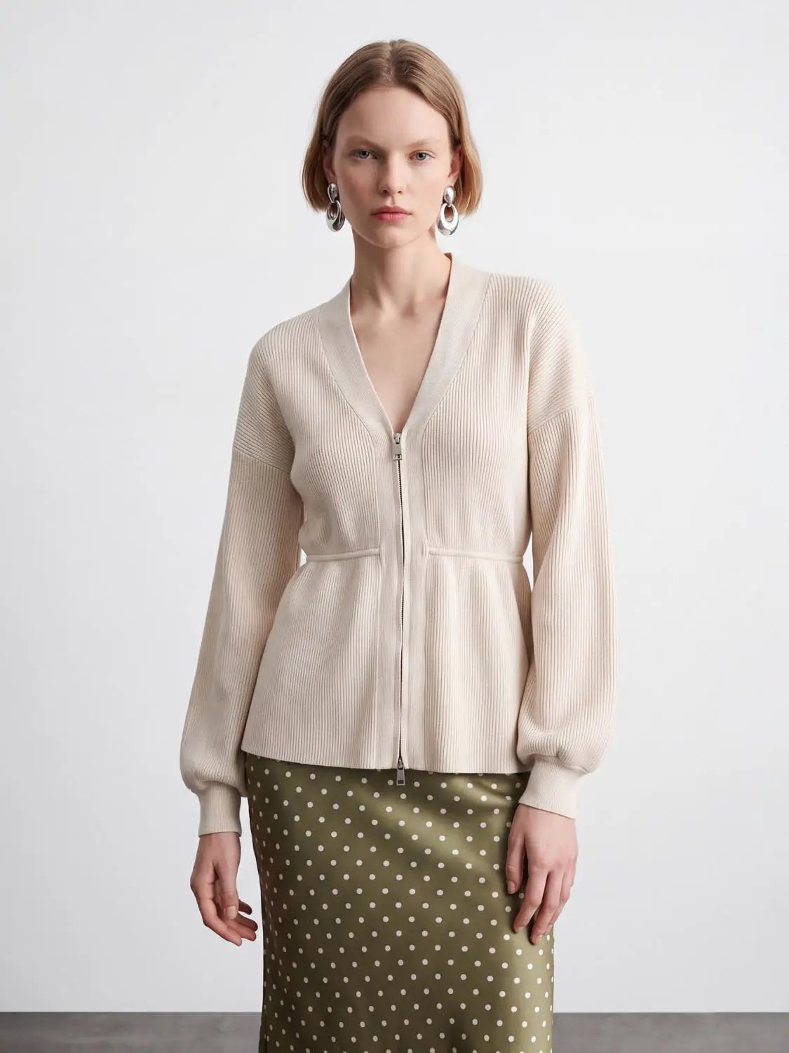 Zip Up Balloon Sleeve Knitted Cardigans