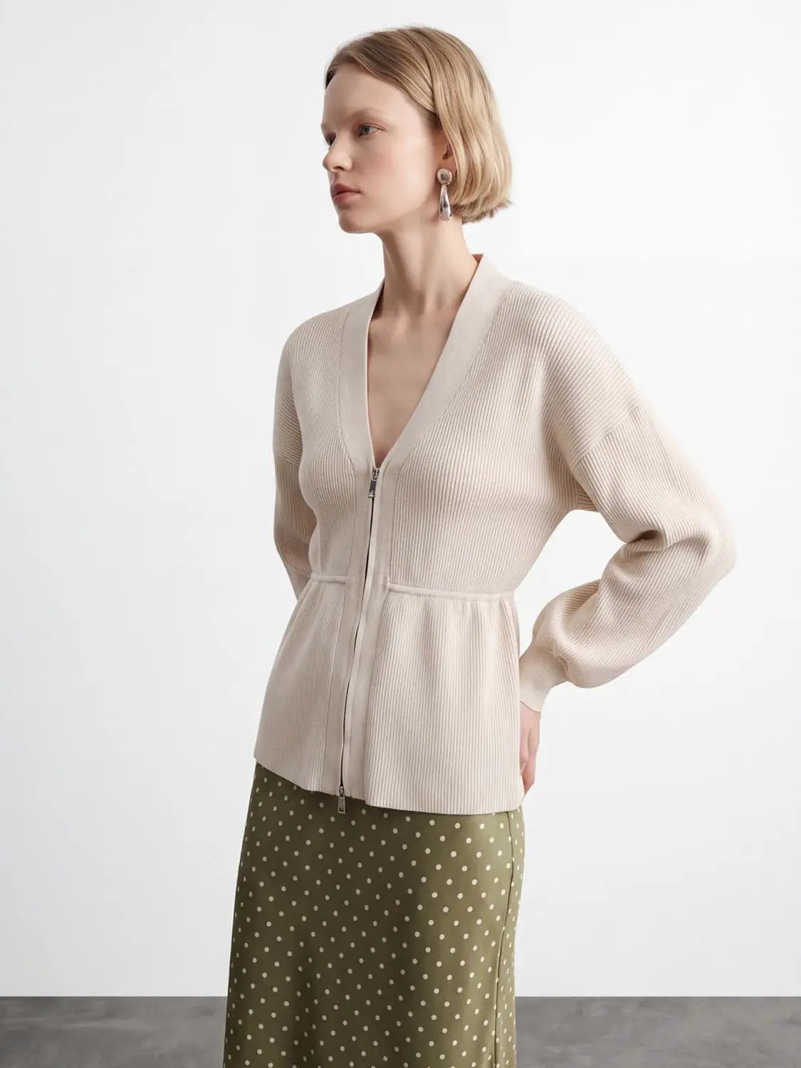 Zip Up Balloon Sleeve Knitted Cardigans