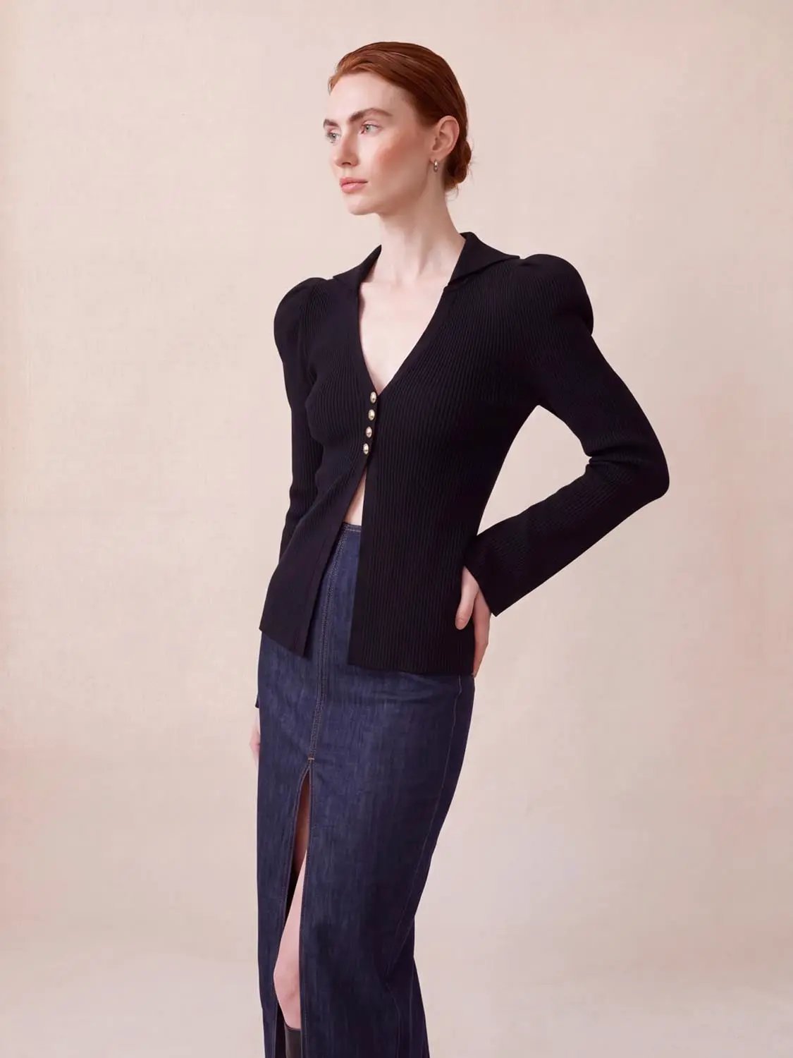 Puff Shoulder Tailored Knitted Cardigan