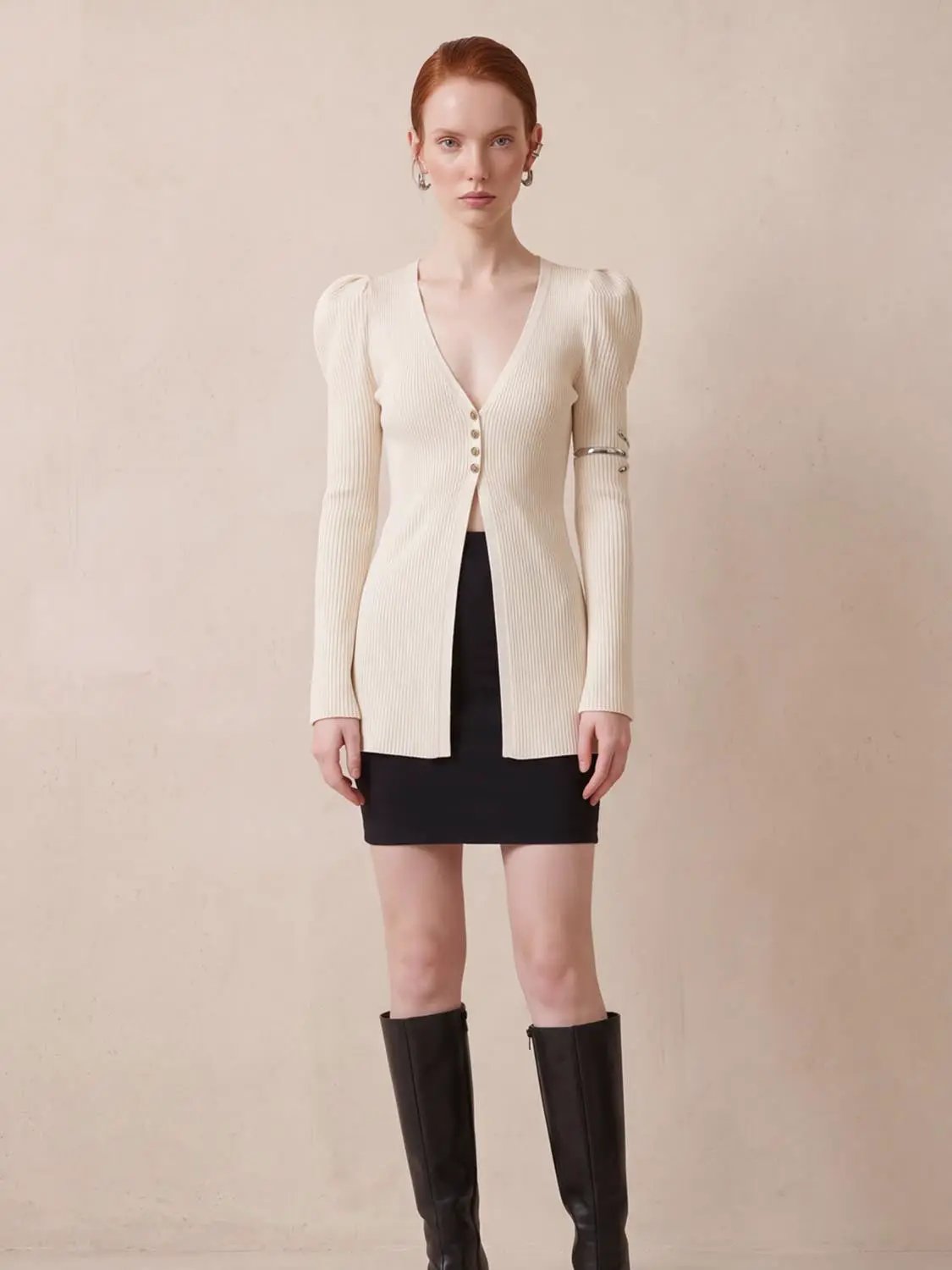 Puff Shoulder Tailored Knitted Cardigan
