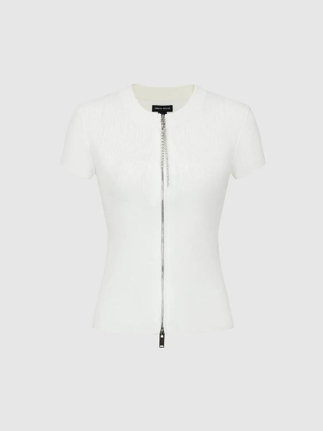 Ribbed Knit Front Zip Crew Neck Short Sleeve Jacket