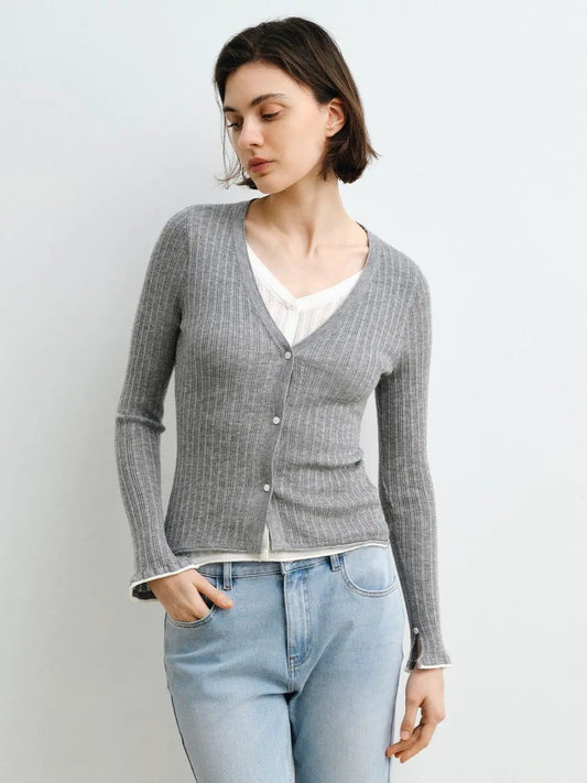 Fitted Ribbed Knit V-neck Long Sleeve Cardigan