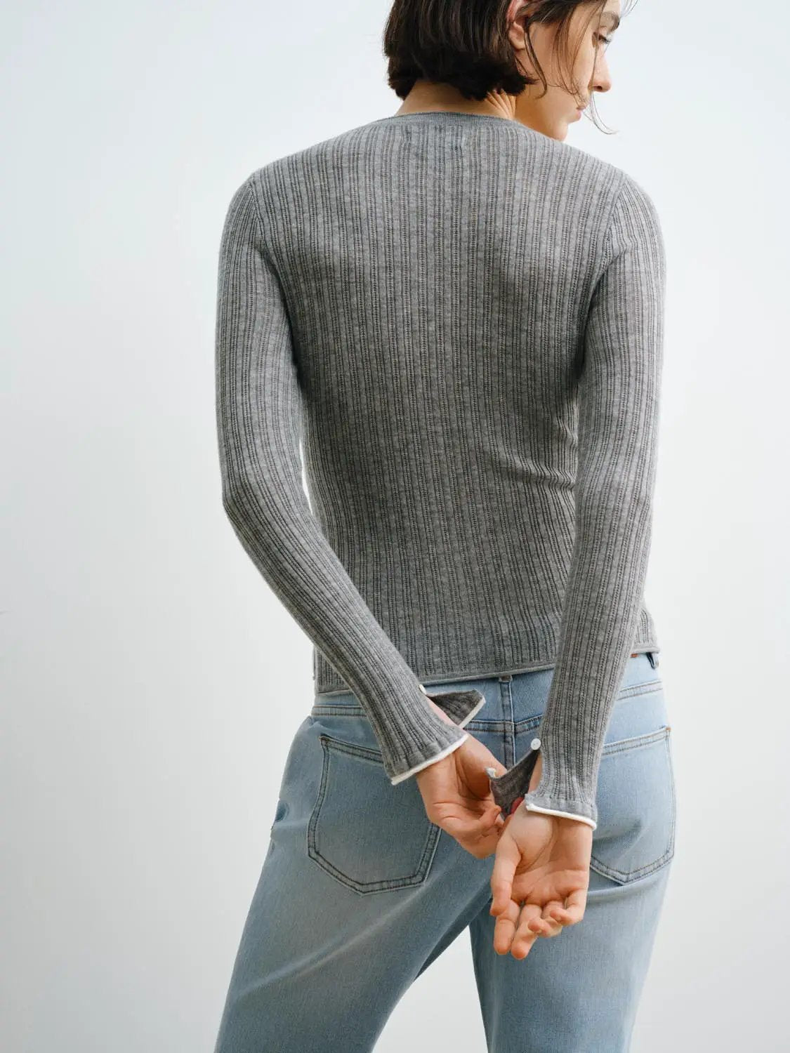 Fitted Ribbed Knit V-neck Long Sleeve Cardigan