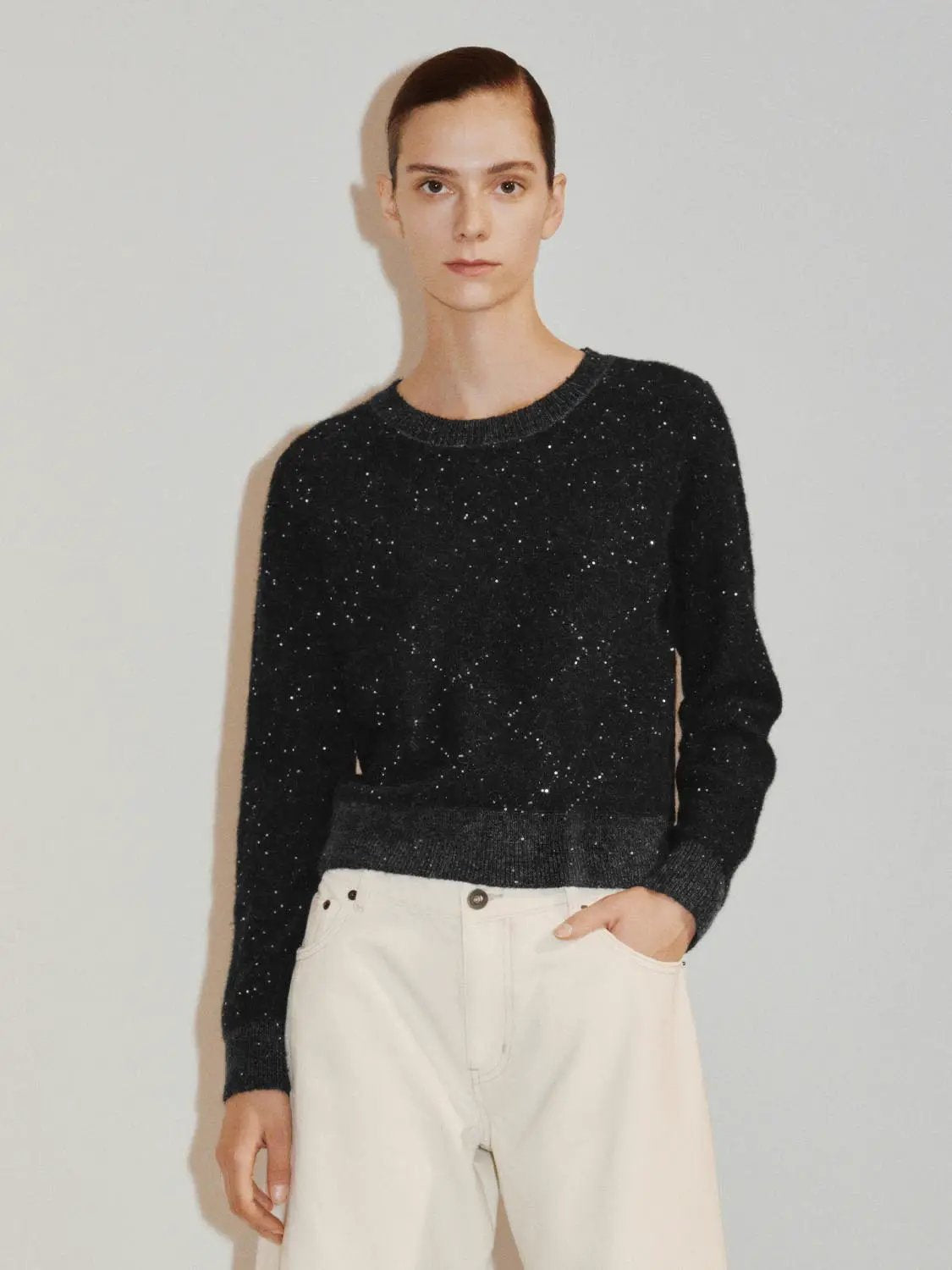 Textured Dotted Ribbed Hem Crew Neck Long Sleeve Sweater