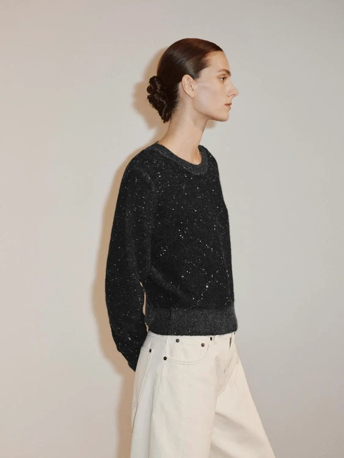 Textured Dotted Ribbed Hem Crew Neck Long Sleeve Sweater
