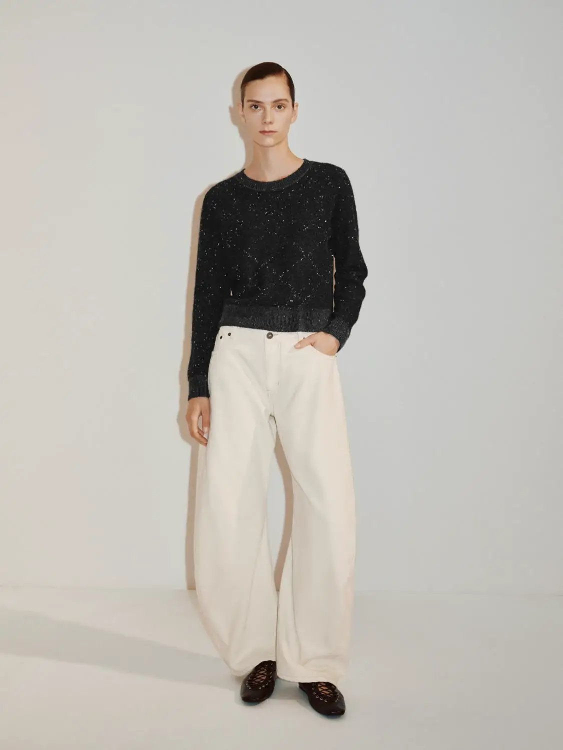 Textured Dotted Ribbed Hem Crew Neck Long Sleeve Sweater