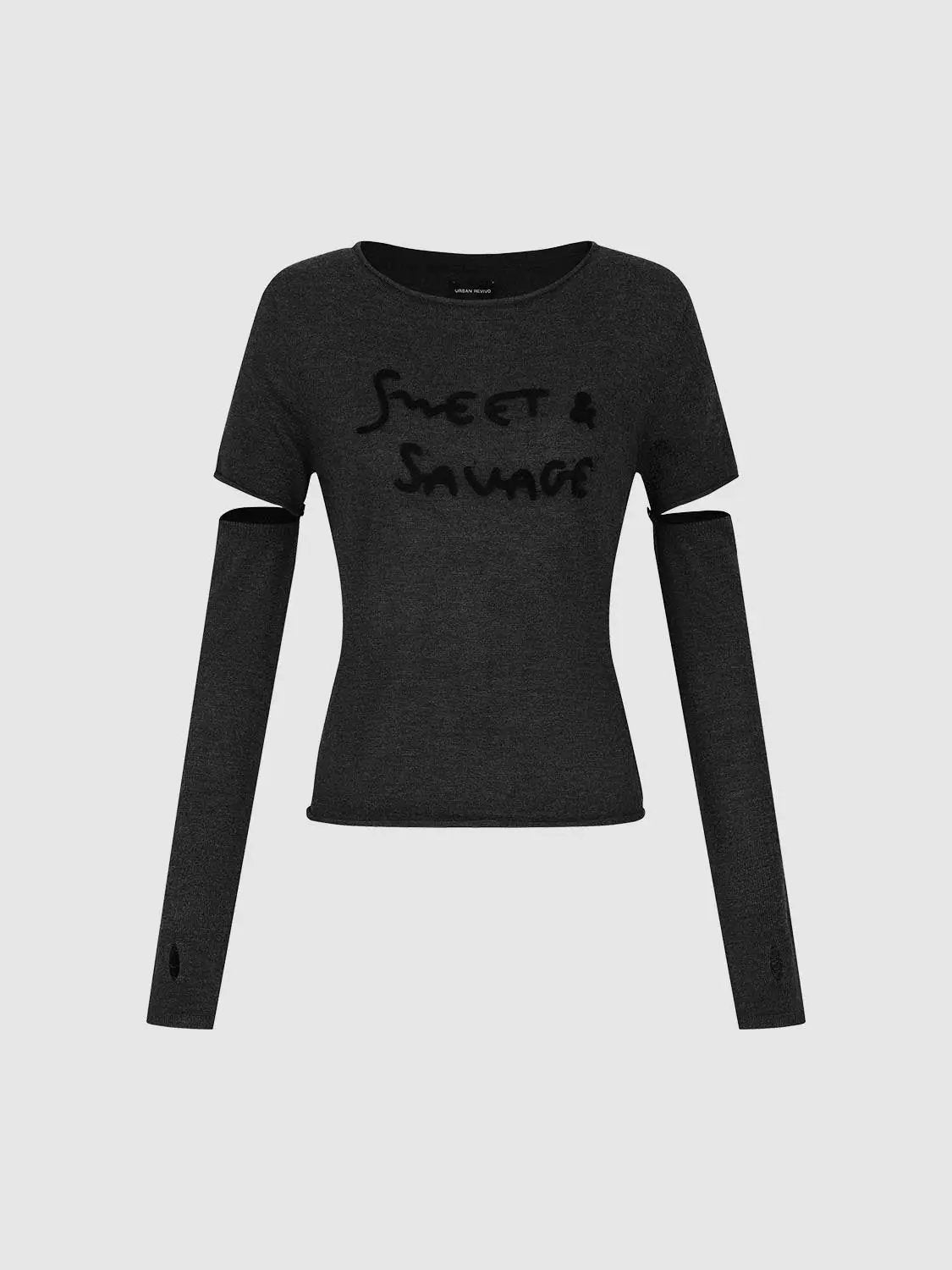 Cut-out Printed Text Boat Neck Cropped Long Sleeve T-Shirt