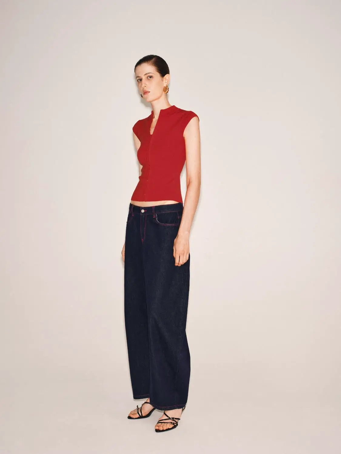 Button High Collar Knit Top