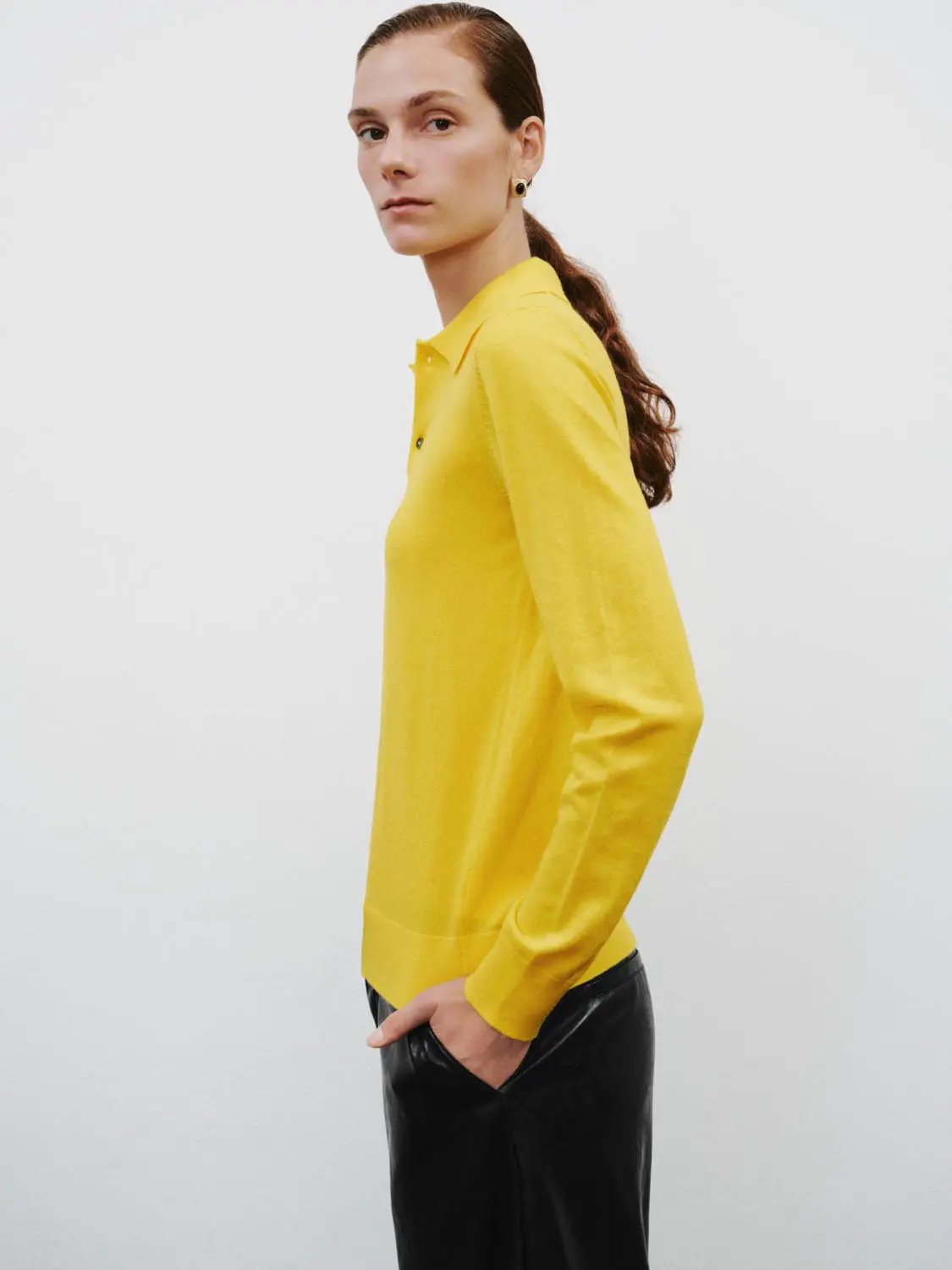 Polo Collar Long Sleeve Fitted Knit Sweater