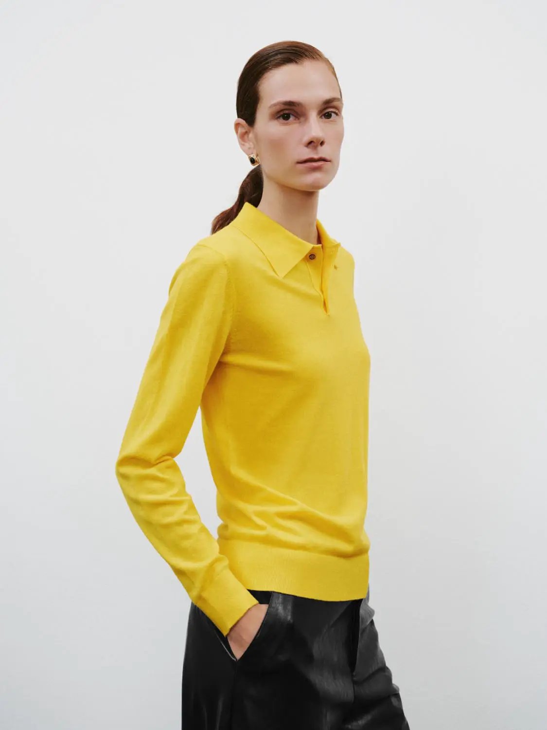 Polo Collar Long Sleeve Fitted Knit Sweater