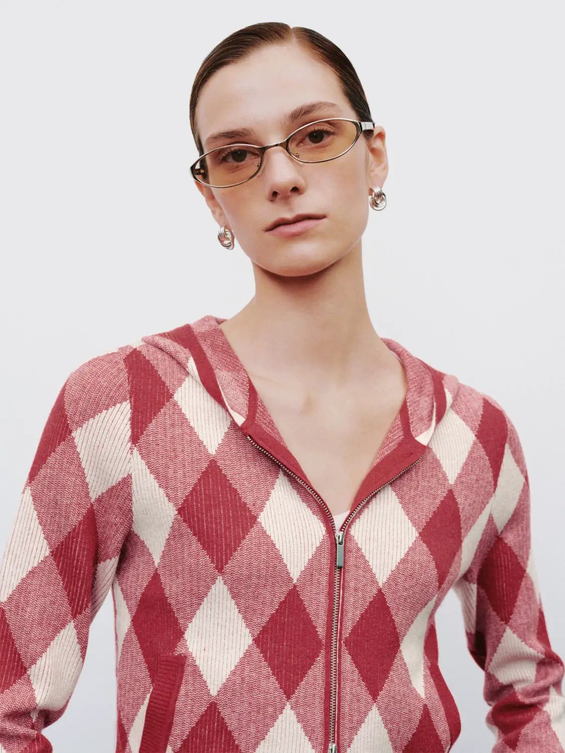 Argyle Hooded Long Sleeve Zip Front Knit Jacket