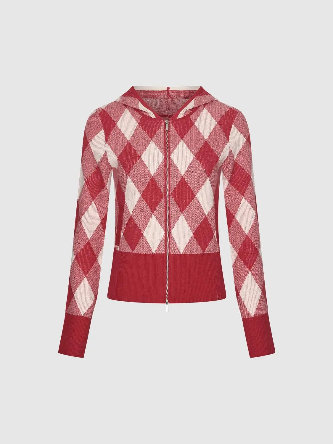 Argyle Hooded Long Sleeve Zip Front Knit Jacket