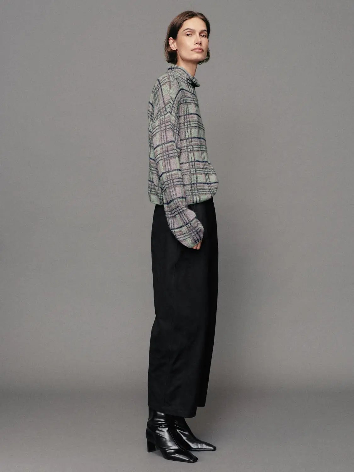 Checked Textured Twisted Hem Roll Neck Long Sleeve Sweater