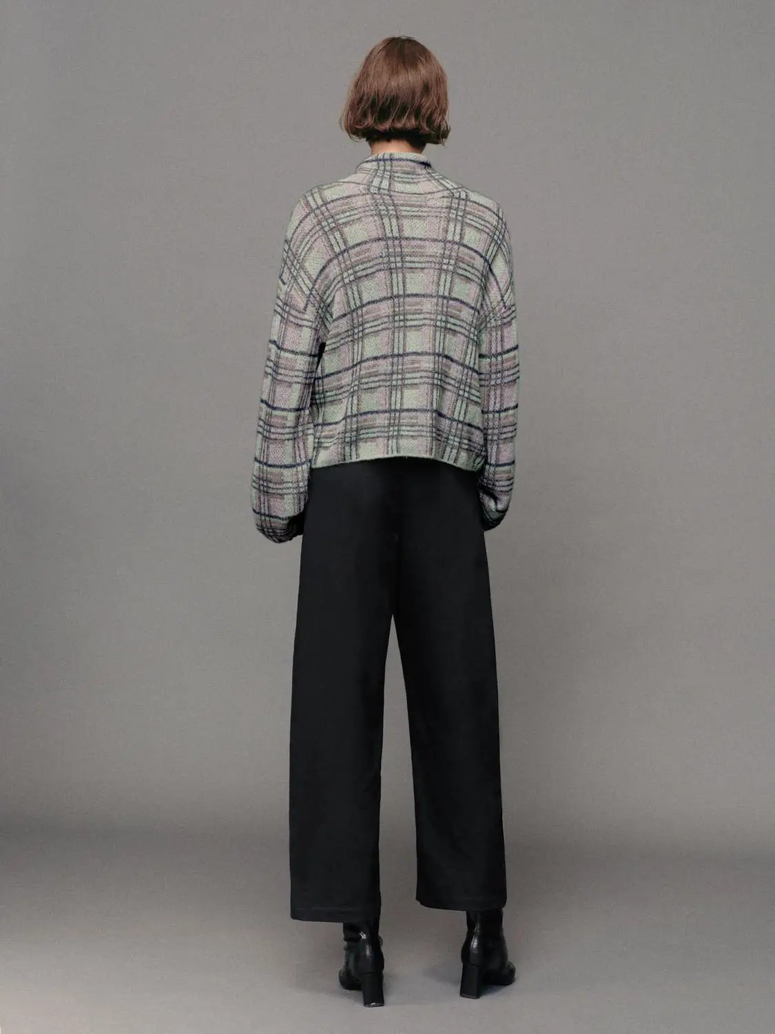 Checked Textured Twisted Hem Roll Neck Long Sleeve Sweater