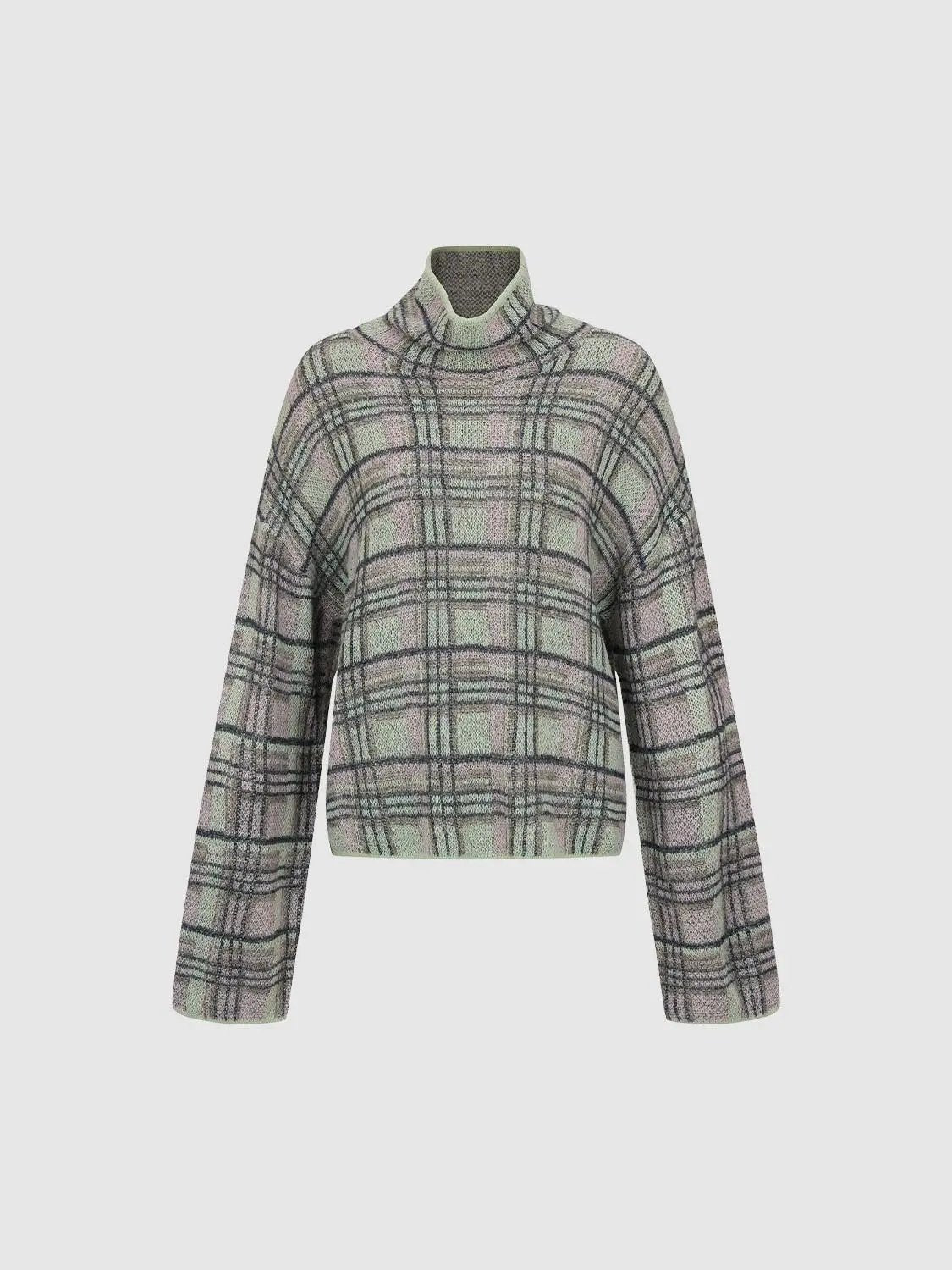 Checked Textured Twisted Hem Roll Neck Long Sleeve Sweater