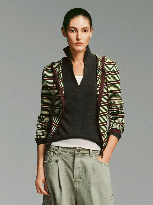 Zip Front Hooded Striped Fitted Knitted Long Sleeve Jacket