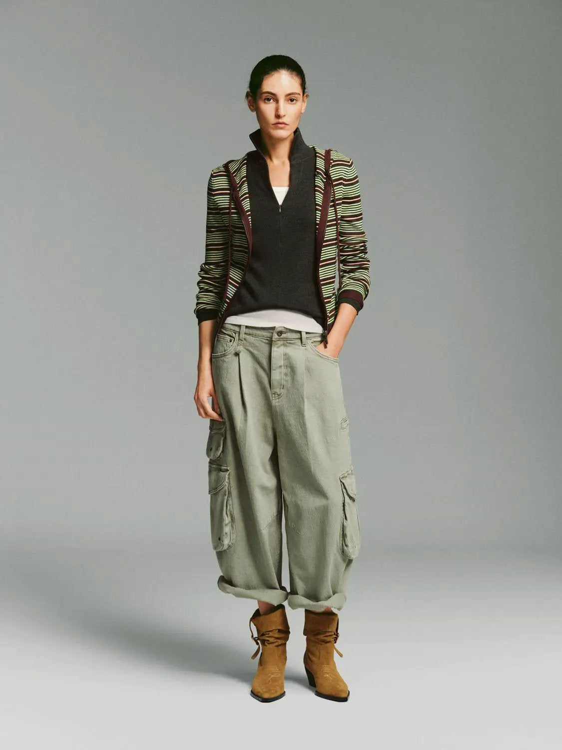 Zip Front Hooded Striped Fitted Knitted Long Sleeve Jacket