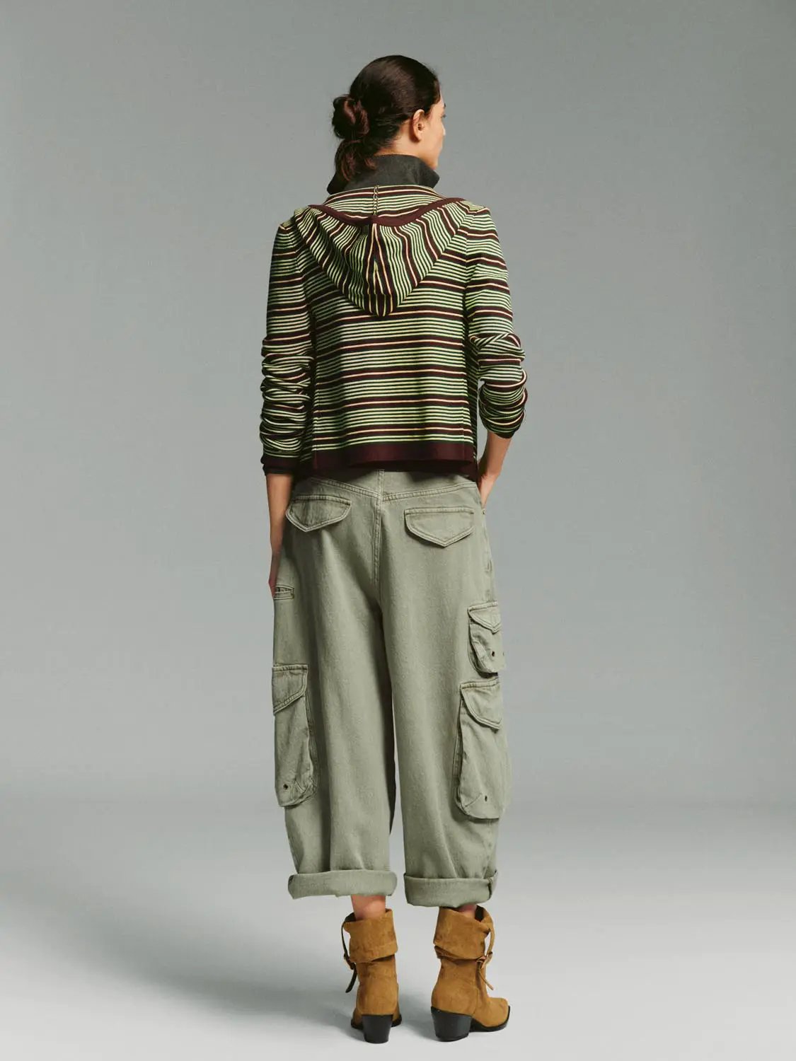 Zip Front Hooded Striped Fitted Knitted Long Sleeve Jacket