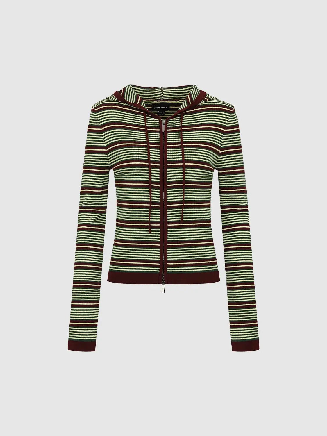 Zip Front Hooded Striped Fitted Knitted Long Sleeve Jacket
