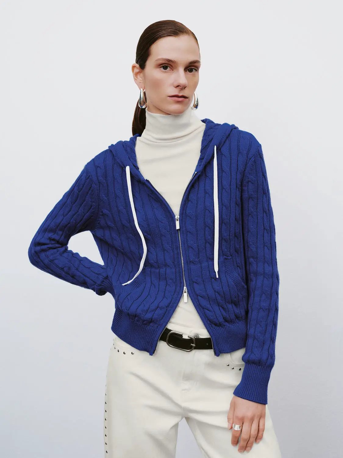 Cable Knit Zip Front Long Sleeve Cotton Wool Blend Hoodie
