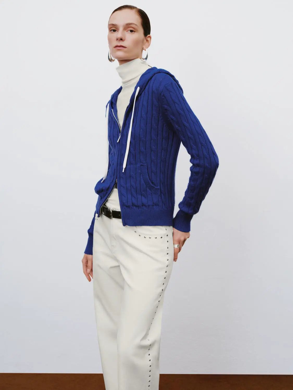 Cable Knit Zip Front Long Sleeve Cotton Wool Blend Hoodie