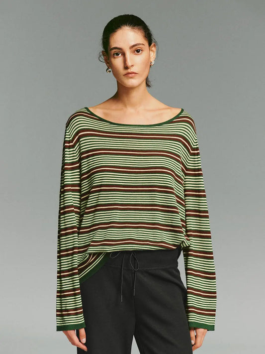 Multicolor Striped Long Sleeve Boat Neck Knit T-Shirt