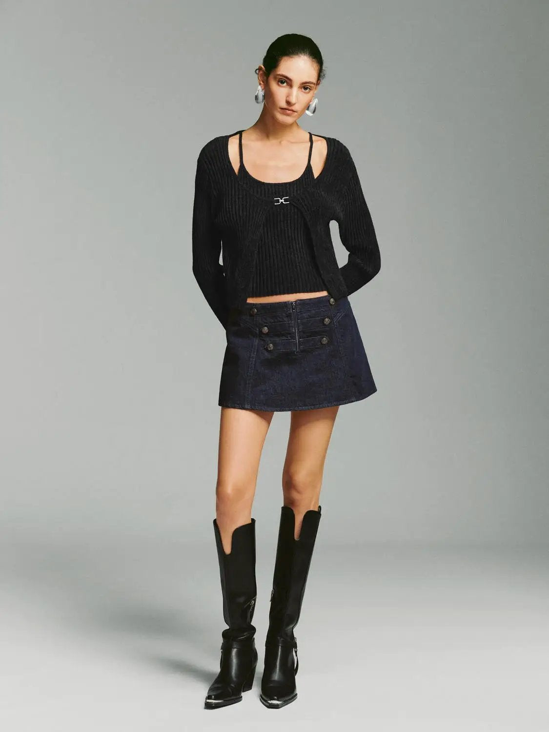 Ribbed Long Sleeve Metal Clasp Detail Pullover