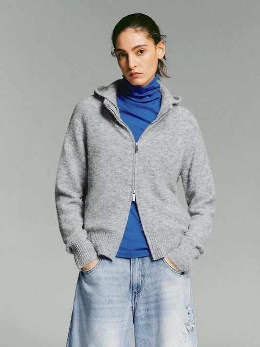 Heather Ribbed Zip-Front Hooded Long Sleeve Knit Jacket