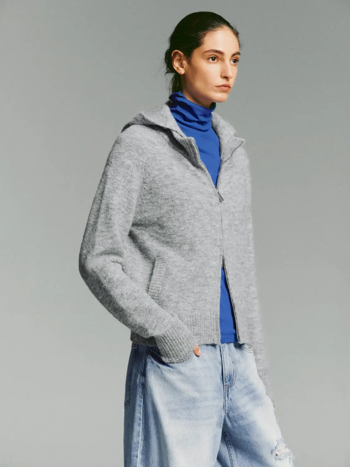 Heather Ribbed Zip-Front Hooded Long Sleeve Knit Jacket