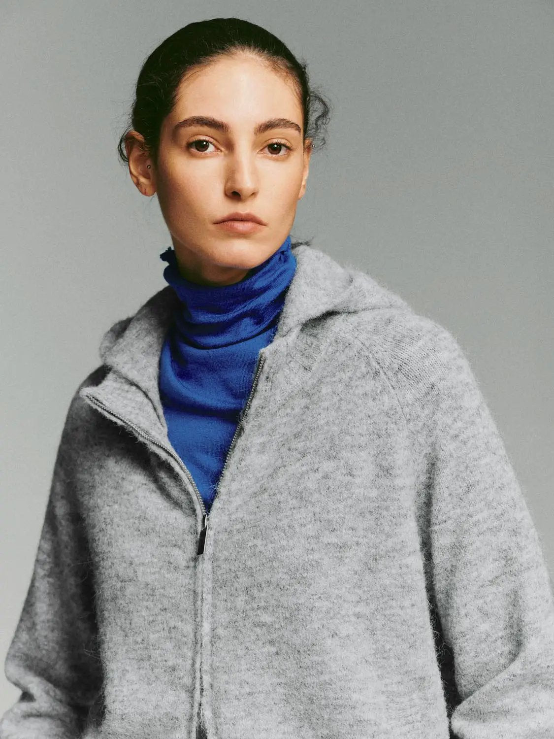 Heather Ribbed Zip-Front Hooded Long Sleeve Knit Jacket