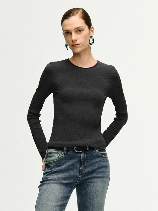 Textured Knit Fitted Crew Neck Long Sleeve T-Shirt