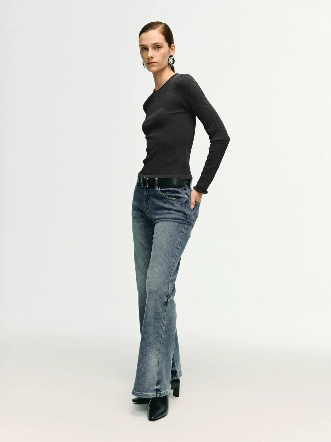 Textured Knit Fitted Crew Neck Long Sleeve T-Shirt