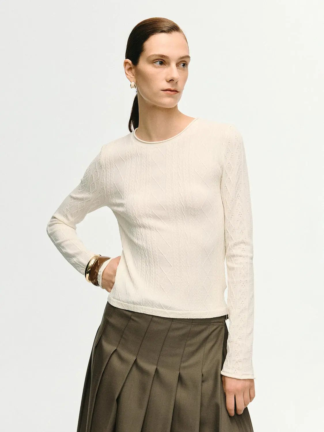 Textured Knit Fitted Crew Neck Long Sleeve T-Shirt