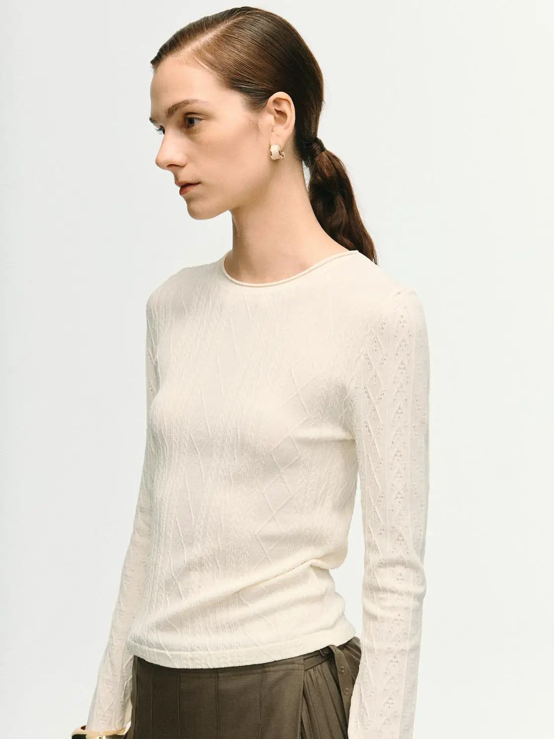 Textured Knit Fitted Crew Neck Long Sleeve T-Shirt