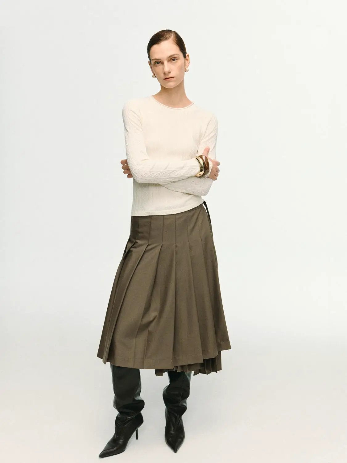 Textured Knit Fitted Crew Neck Long Sleeve T-Shirt