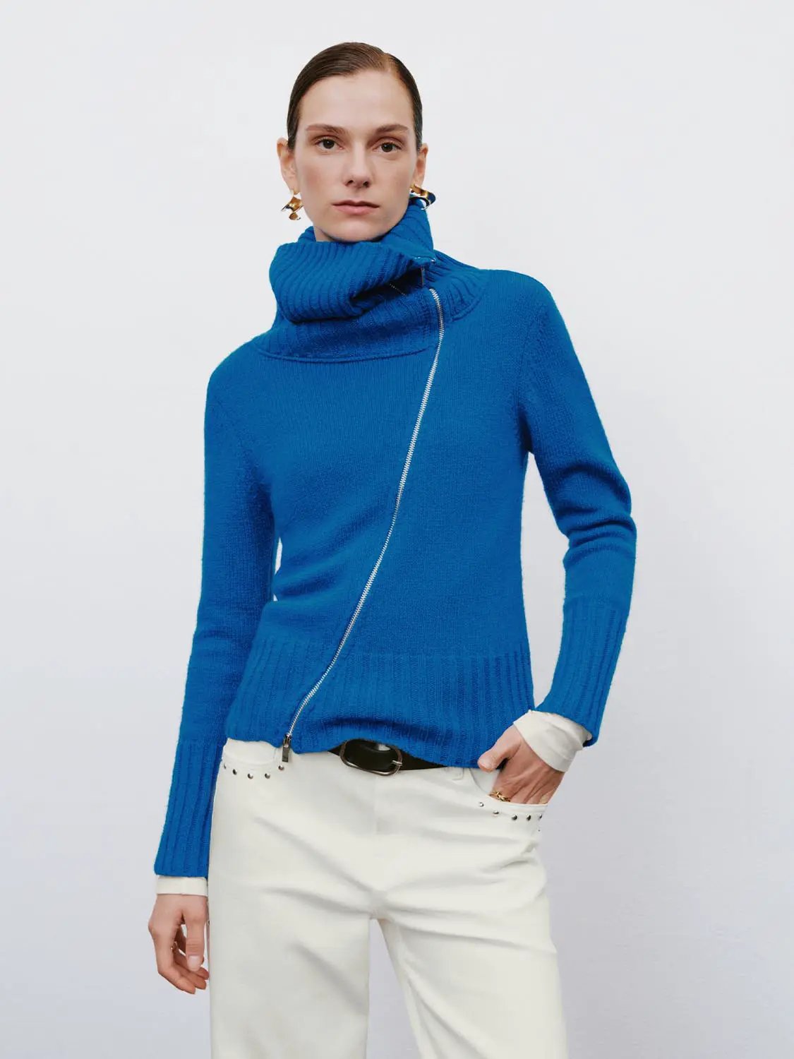 Ribbed Diagonal Zipper Long Sleeve Knit Jacket