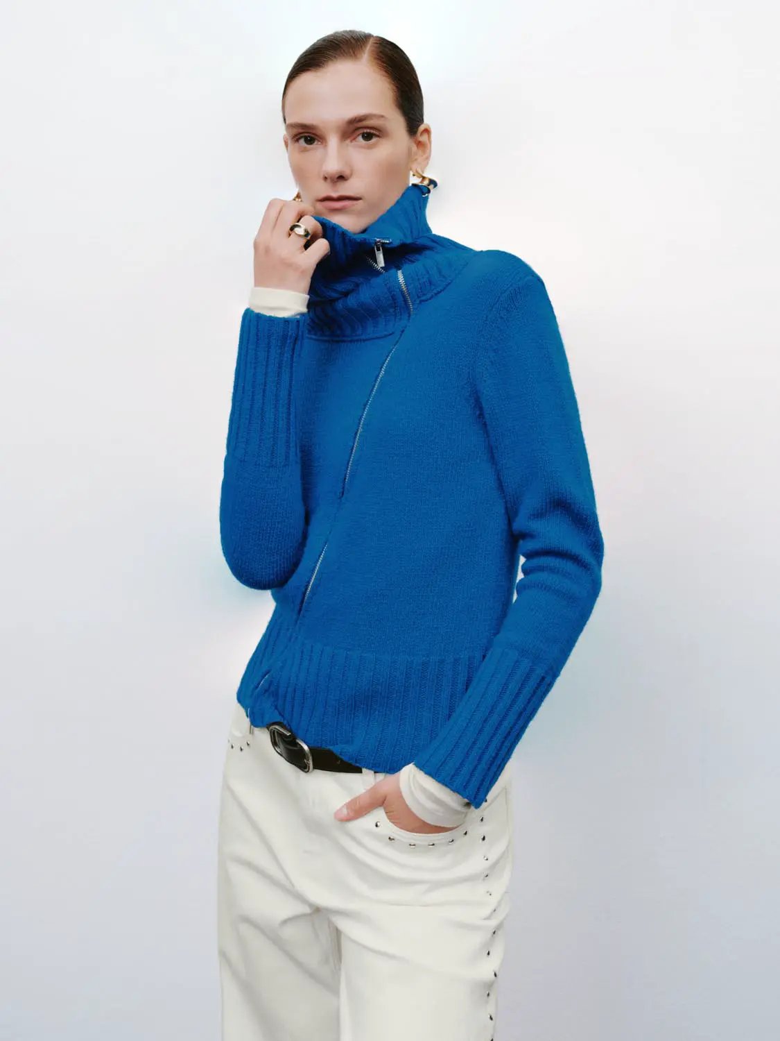 Ribbed Diagonal Zipper Long Sleeve Knit Jacket