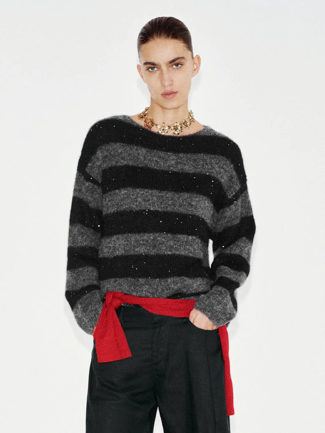 Textured Striped Oversized Boat Neck Long Sleeve Sweater