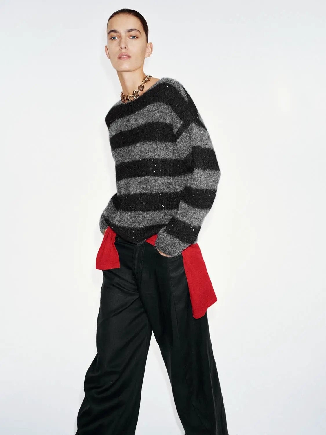 Textured Striped Oversized Boat Neck Long Sleeve Sweater