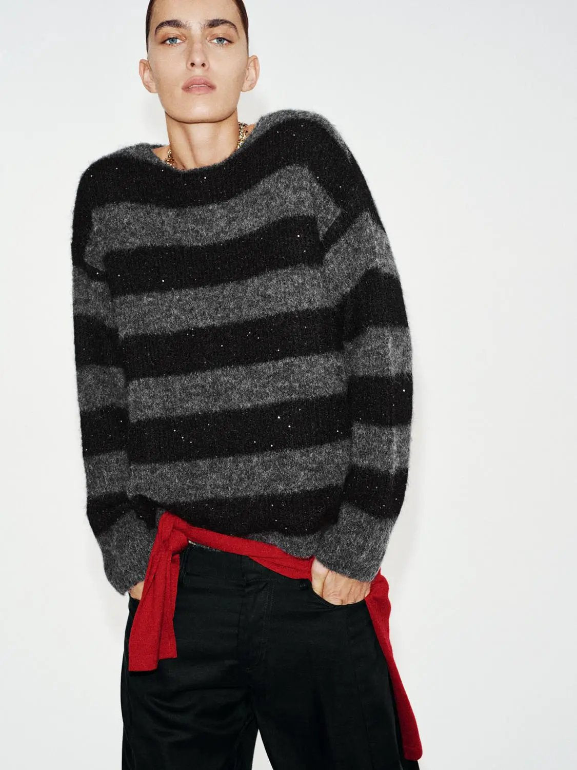 Textured Striped Oversized Boat Neck Long Sleeve Sweater