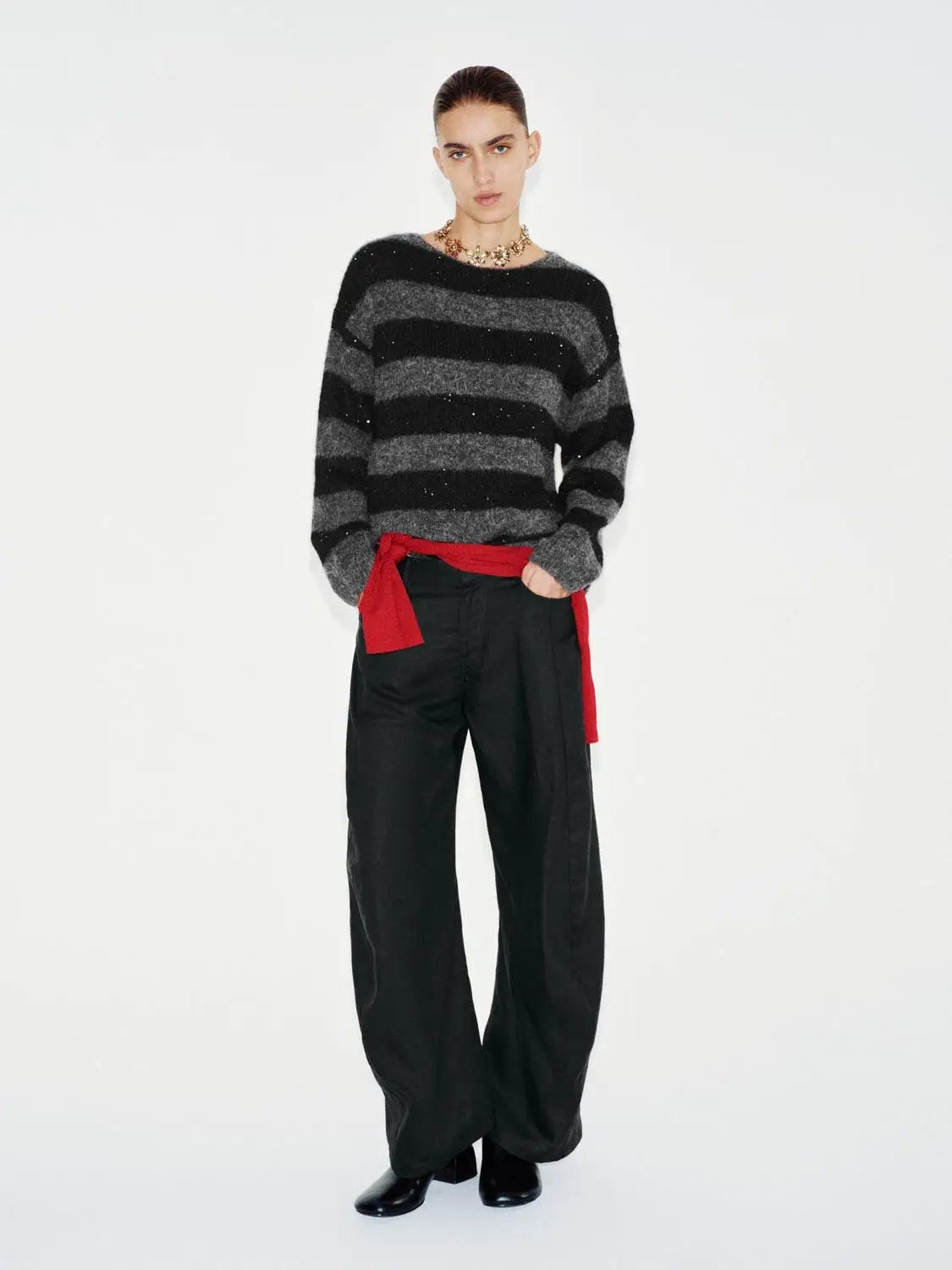 Textured Striped Oversized Boat Neck Long Sleeve Sweater