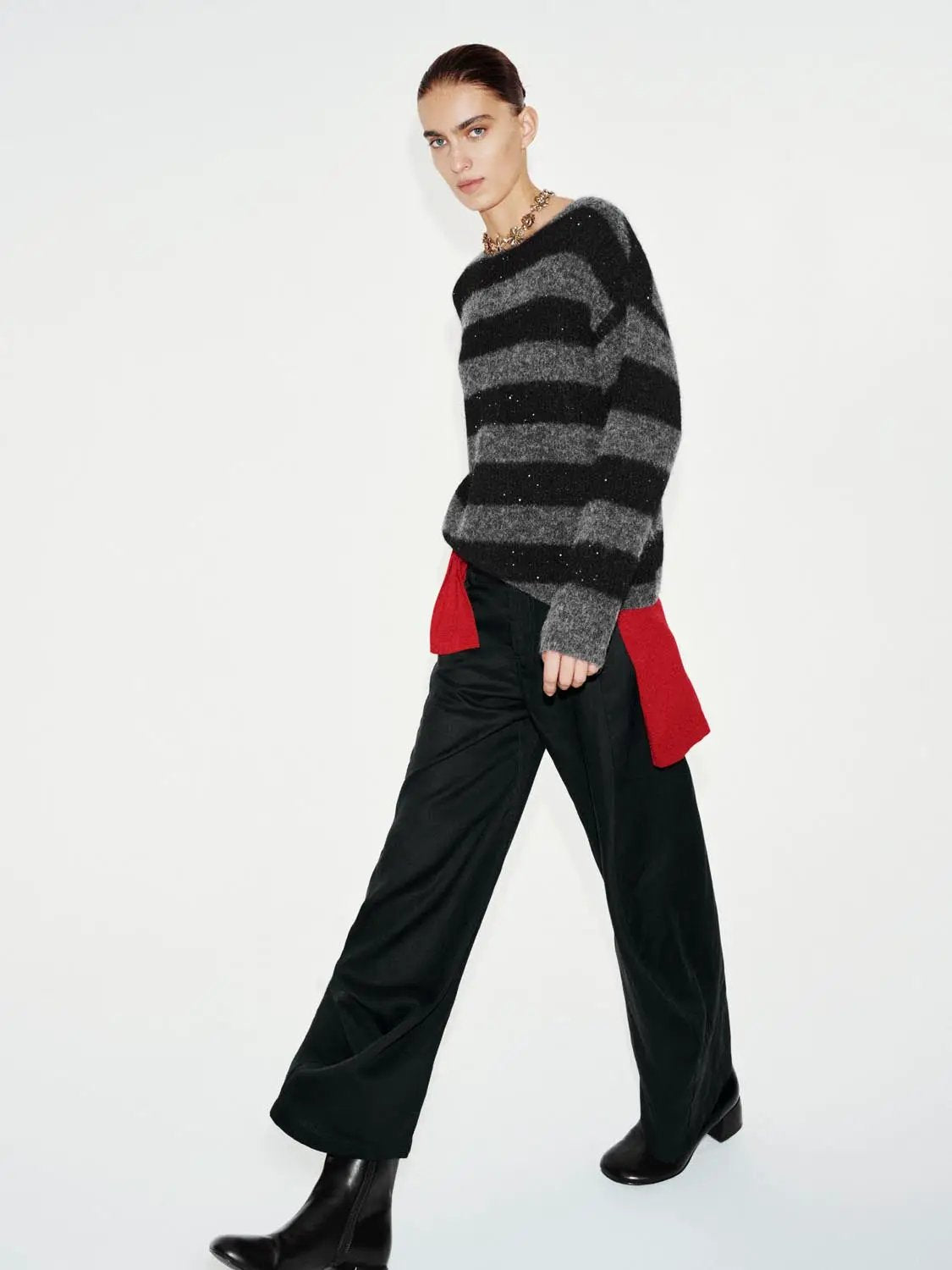 Textured Striped Oversized Boat Neck Long Sleeve Sweater